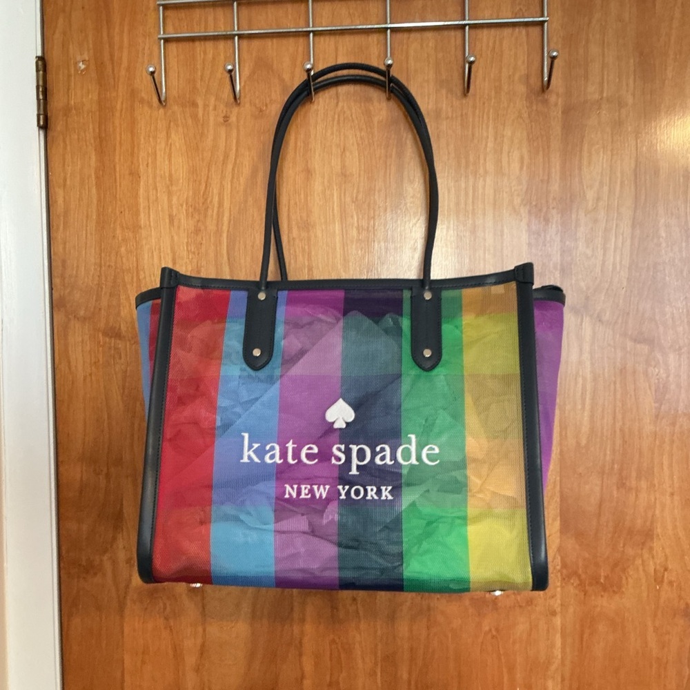 Kate Spade Rainbow Stripe Mesh Tote in Multicolor with Navy Trim